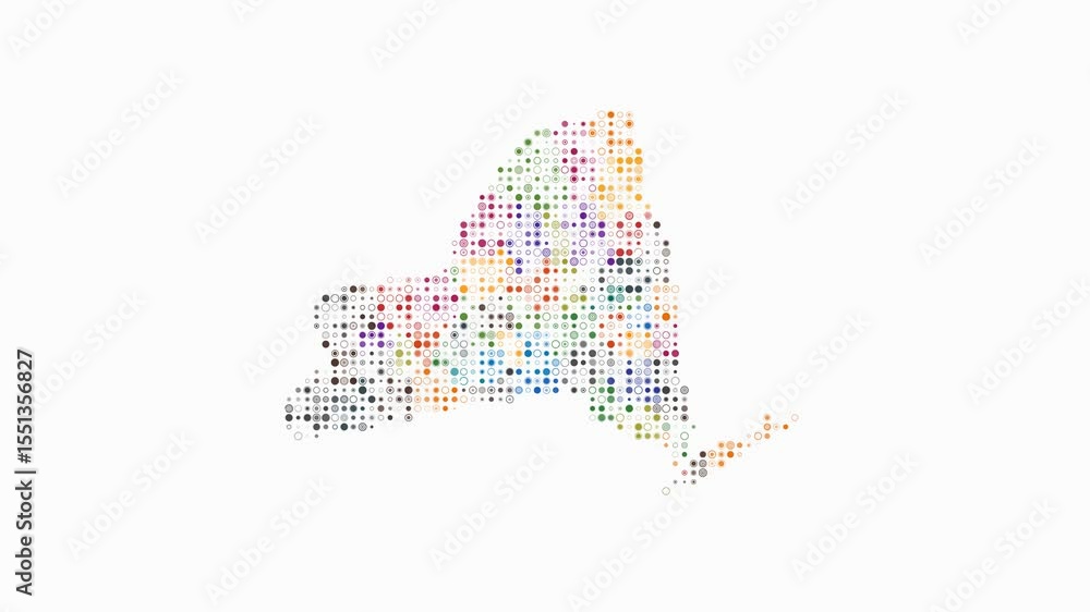 Poster new york dotted animation. shape of the state build of pulsating colored dots. small size circle blo