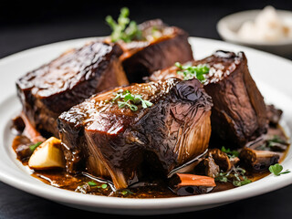 A sumptuous close-up of braised short ribs, highlighting the tender meat, exposed bone detail, and a rich, glossy glaze.