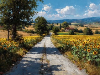 Naklejka premium Golden Hour Countryside Road Through a Sunflower Field