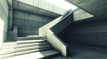 Sunlit concrete staircase in a minimalist interior.  The image shows a modern architectural design with stark lines and shadows