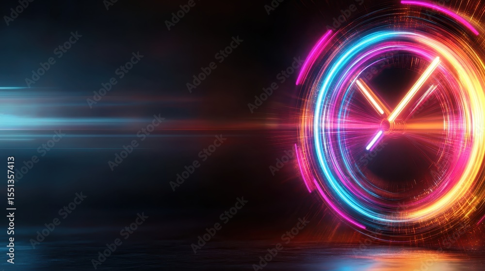 Poster an artistic representation of a clock surrounded by colorful neon lights and abstract shapes, symbol
