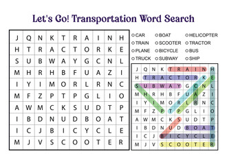 Transportation Word Search Puzzle with Solutions for Kids and Adults