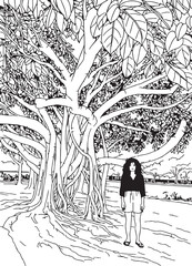 banyan vector sketch tropical landscape. black girl and tropical landscape vector hand drawn