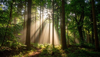Obraz premium Sunlight Streams Through Forest Canopy
