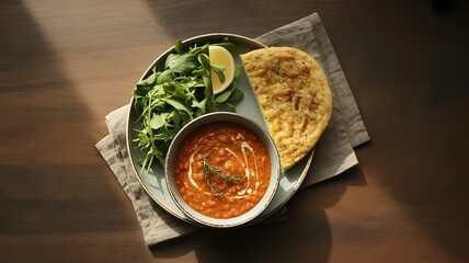 Hearty Lentil Stew with Fresh Arugula and Warm Flatbread Perfect for a Cozy Meal
