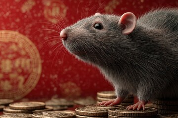 Gray Rodent on Gold Coins Against Red Background