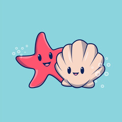 Cute Shell And Starfish Together Cartoon Vector Illustration