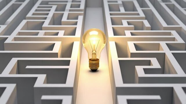 Conceptual maze with illuminated lightbulb signifying innovation and problem solving within a complex puzzle, highlighting a clear path to success.