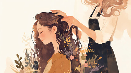 Female hairstylist with long hair is styling a woman's hair adorned with flowers, showcasing creativity and artistry in a serene, artistic environment with soft colors