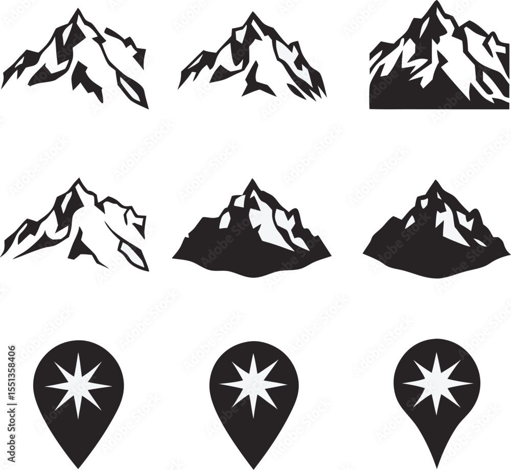 Poster mountain icons and map pointers in simple black and white vector graphic elements for design