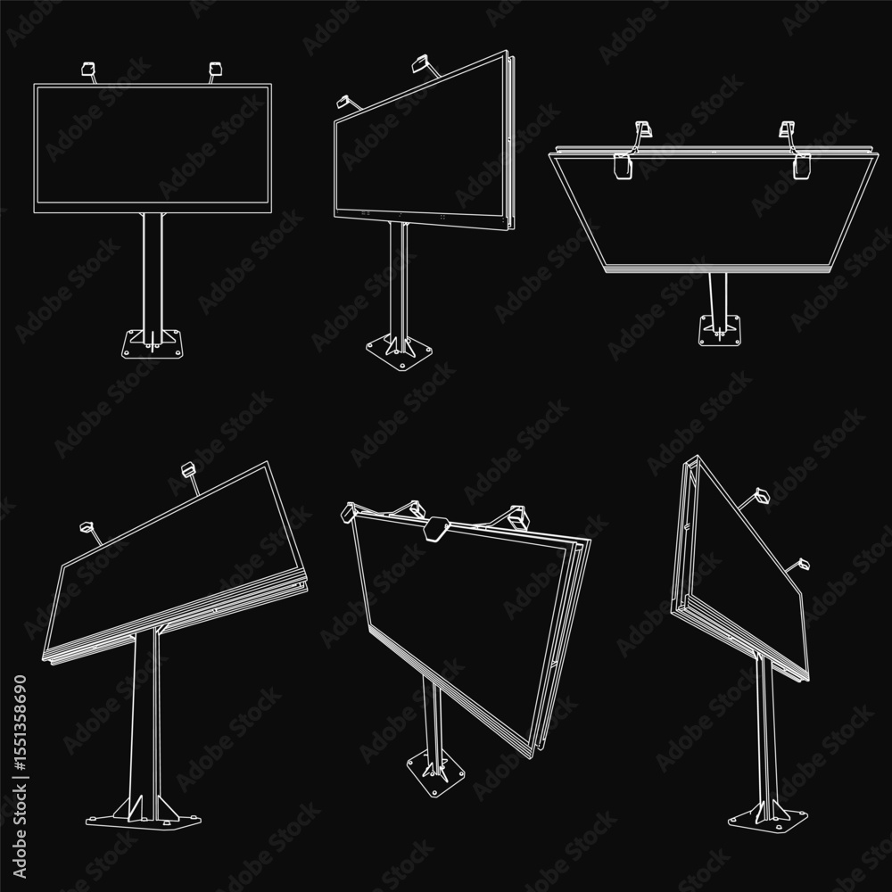 Poster unique billboard signs arranged in a grid pattern on a black background, featuring distinct shapes a