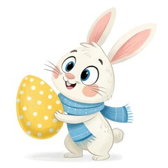 Cheerful Cartoon Bunny Wearing a Scarf Holding Decorated Easter Egg on White