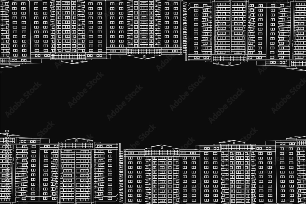 Poster a row of high-rise apartment buildings in black and white, arranged symmetrically against a dark bac