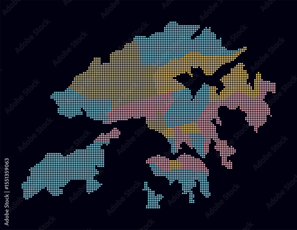 Poster hong kong dotted map. digital style map of the country on dark background. hong kong shape with circ