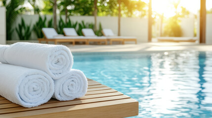 Freshly rolled towels beside sparkling pool, basking in warm sunlight, create serene atmosphere