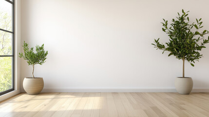 Minimalist room with potted olive trees and natural light creating serene atmosphere
