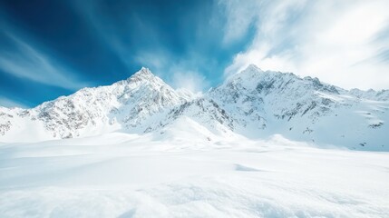Grand snow-covered mountains rise majestically against a deep blue sky, creating a breathtaking landscape that evokes feelings of tranquility and awe, perfect for nature lovers.