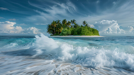 Cascade of water flowing over rocks under a summer sky with clouds