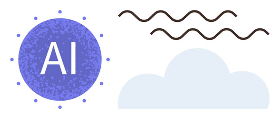 AI text inside circle symbolizing technology, cloud representing online storage and connection, wavy lines for innovation. Ideal for AI, digital transformation, cloud computing, data, networking