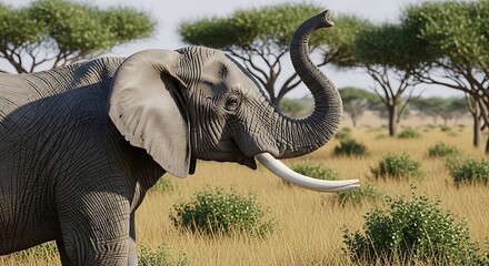 Obraz premium Majestic African Elephant: Detailed Close-Up in Savannah, Trunk Raised, Ivory Tusks, Lush Green and Gold Landscape, Serene Wildlife, Inspiring Conservation Imagery