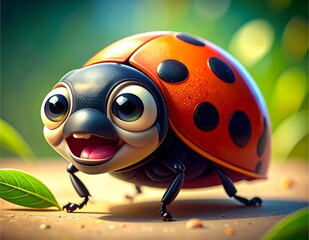 Obraz premium Macro cartoon ladybug with enlarged head, bulging eyes, and a cute mouth with a shocked expression
