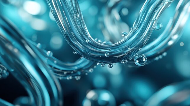 An abstract composition showcases beautifully flowing blue water shapes with bubbles, representing fluidity and calmness, perfect for backgrounds or artistic ornamentation.
