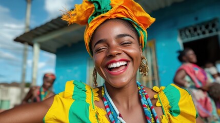 A cheerful woman, adorned in vibrant cultural attire, radiates happiness and joy, embodying festive spirit and celebrating cultural heritage in a lively environment.