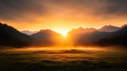 Fototapeta premium A breathtaking sunrise illuminates mountain peaks and a tranquil valley, creating a serene and picturesque landscape that captivates nature enthusiasts and photographers alike.