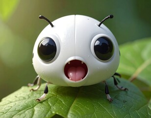 Obraz premium Macro cartoon ladybug with enlarged head, bulging eyes, and a cute mouth with a shocked expression