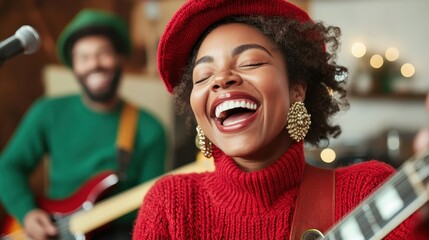 A vibrant scene capturing a joyful female musician playing guitar while smiling, emphasizing the connection between music and happiness in a lively performance setting.