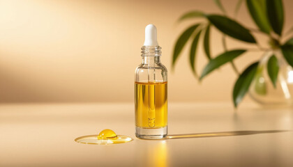 Bottle with hyaluronic acid serum on pastel beige background. Beauty and youth concept for women.