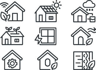 Create a single-colour EPS vector icon set (8–10 icons) on a white background, showing sustainable homes and eco-friendly infrastructure. Focus on smart green building innovations.