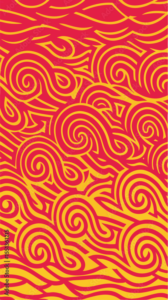 Poster abstract swirling design in vibrant red and yellow with a decorative pattern and seamless texture