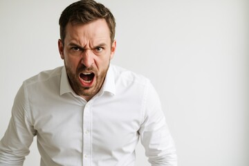 Furious man in white shirt fully displaying outgoing choleric temperament, yelling with intense emotion against a plain background.