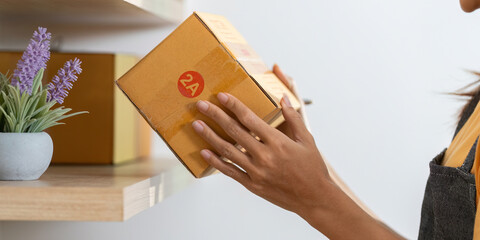 Entrepreneur organizing e-commerce inventory on shelves