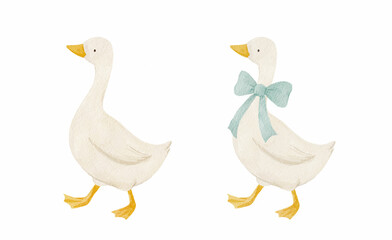 Obraz na płótnie Canvas Charming watercolor geese, one with a bow. Perfect minimalist nursery art or baby product design in soft pastel colors.