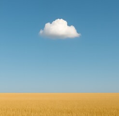 Obraz premium Lone White Cumulus Cloud in Clear Blue Sky Above Golden Wheat Field, Minimalist Rural Landscape in Summer Light