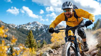 Naklejka premium Mountain biking adventure in vibrant landscape with cyclist in action