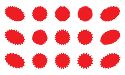 Starburst red sticker set - collection of special offer sale round and oval sunburst labels and buttons. Stickers and badges with star edges for promo advertising.