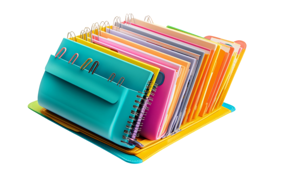 Open binder neatly organized with colorful dividers and handwritten notes showcasing efficient planning and study habits isolated on transparent background PNG