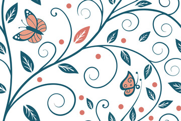 Teal Handdrawn Floral Vine Pattern with Peach Butterflies and Dots vector