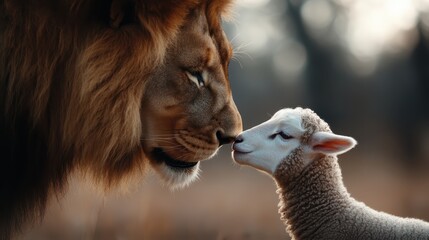 A striking image depicting a lion and a lamb gently touching noses, symbolizing an unexpected friendship and the beauty of harmony in nature.