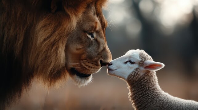 A striking image depicting a lion and a lamb gently touching noses, symbolizing an unexpected friendship and the beauty of harmony in nature.