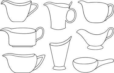 Set of different outline gravy sauce boats isolated on white background