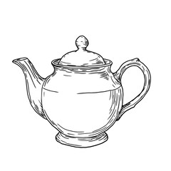 Porcelain teapot, black and white ink sketch. Vector illustration.An elegant teapot for tea drinking, isolated on a white background. The theme of cuisine, cooking, cafes and restaurants