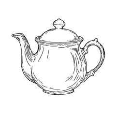 Porcelain teapot, black and white ink sketch. Vector illustration.An elegant teapot for tea drinking, isolated on a white background. The theme of cuisine, cooking, cafes and restaurants