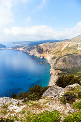 Beautiful landscape with rocks on the coast of the Ionian Sea near Asos town in Kefalonia, Greece. Amazing places. Tourist Attractions.