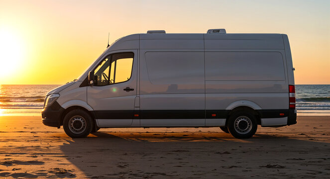 White cargo van on a beach at sunset