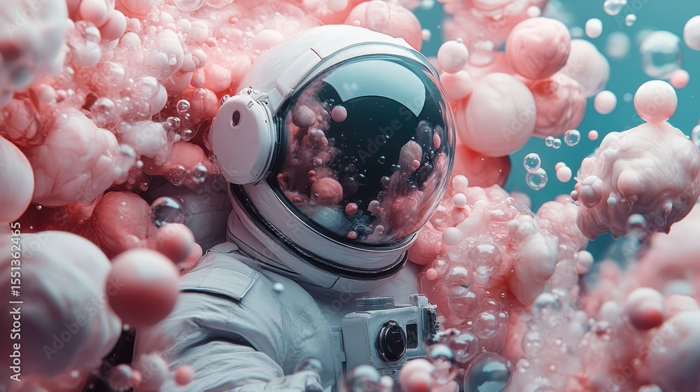Poster an astronaut encapsulated in a dreamy bubble environment, surrounded by colorful cosmic elements, re