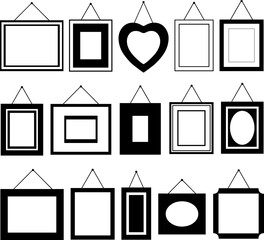 Collage of different picture frames isolated on white background